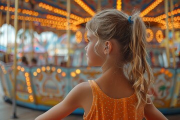 Fototapeta premium Focused on a young girl's back, this image captures her fascination with a colorful carousel in an amusement park