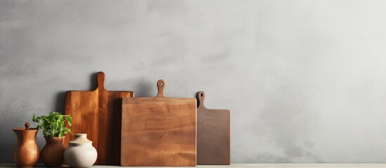 A wooden table is adorned with various vases and cutting boards, creating a rustic and functional display against the backdrop of a grey concrete wall.
