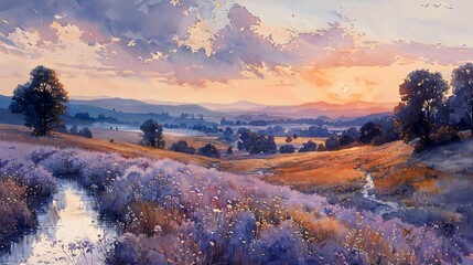 A pastoral watercolor scene, with the luminous pastel palette depicting the soft glow of dawn casting a peaceful lavender and blue over a sleeping countryside