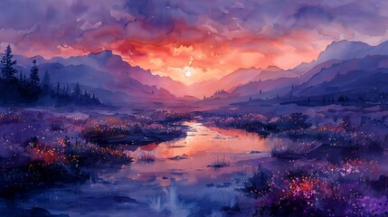 A pastoral watercolor scene, with the luminous pastel palette depicting the soft glow of dawn casting a peaceful lavender and blue over a sleeping countryside