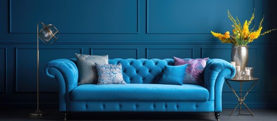 A blue couch with pillows is placed in front of a blue wall. The design creates a cohesive and monochromatic aesthetic, with the couch acting as the focal point against the wall.