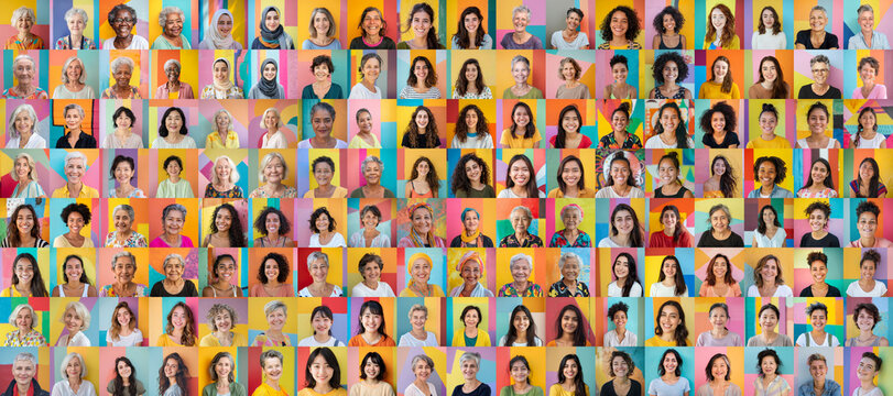 Composite portrait of headshots of different smiling women from all genders and age, including all ethnic, racial, and geographic types of women in the world on a colorful flat background