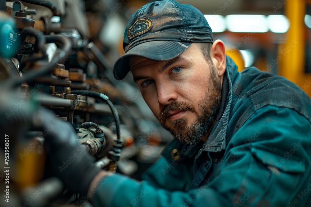 Poster a mechanic, deeply focused and using a flashlight, works on a car engine in a workshop environment