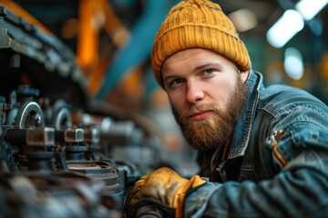 A focused bearded man with a yellow beanie is working with machinery in a workshop setting