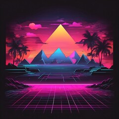 Stereotypical 80s aesthetic. Synthwave scenery
