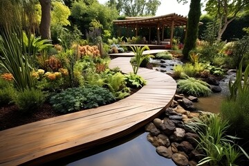 Tranquil Zen Garden Oasis: Water Basin, Peaceful Pathway, Evergreen Shrubs - obrazy, fototapety, plakaty