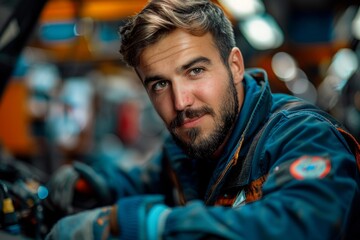 Obraz premium Handsome bearded mechanic with a warm smile standing in a garage filled with machinery