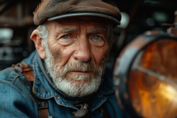 Obraz premium Elderly man with weathered face and deep eyes reflects experience and wisdom amidst machinery