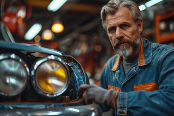 Obraz premium Seasoned mechanic attentively tuning a classic car in the garage with a serious expression