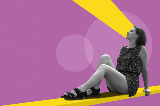 Collage with young sitting woman in summer dress