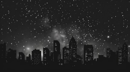 Black and grey cityscape silhouette against a white night sky for urban themes
