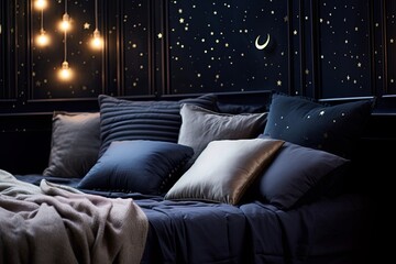 Constellation-Inspired Bedroom Delights: Celestial Wall Decals & Space Pillows - obrazy, fototapety, plakaty