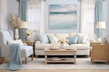 Soft Blue Coastal Grandmother Style Living Room Decor: Tranquil Seaside Accents