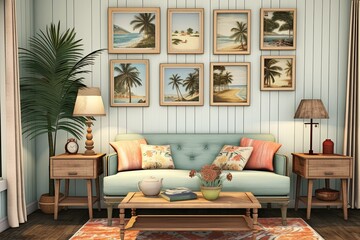 Coastal Grandmother Style Living Room Decor with Vintage Seaside Posters Delight