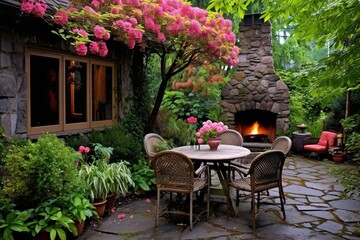 Fototapeta na wymiar Fire Pit Cottage Garden Patio: Cozy Evening Inspiration