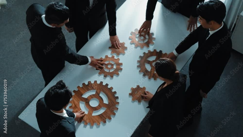 Poster top view of smart business people gather wooden cog together at meeting. group of project manager he
