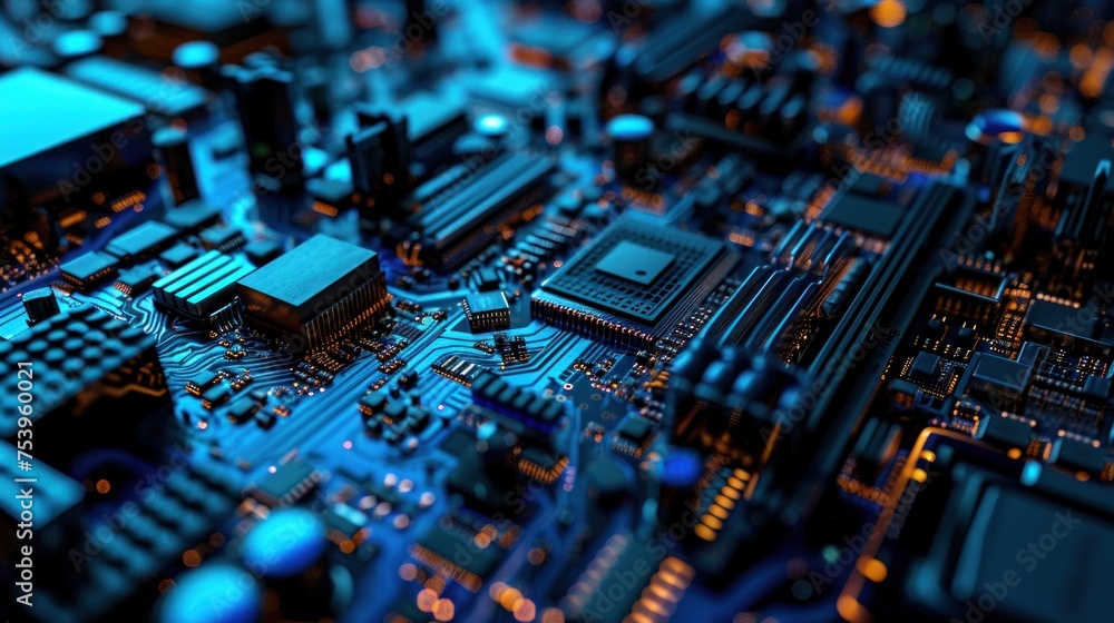 Poster complex circuit board with computer hardware, electronic circuit. technology.