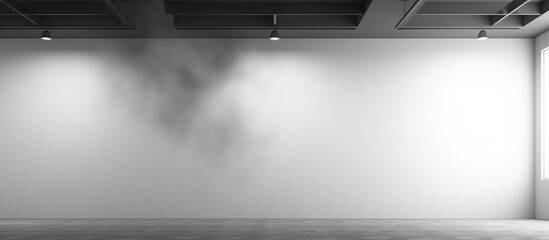 An empty room featuring a white wall and two windows, with sunlight streaming in. The room has a black floor and a fire sprinkler on the ceiling. The space is ideal for displaying or montage products. - obrazy, fototapety, plakaty