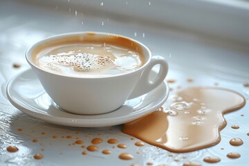 A teacup on its side with creamed coffee spilling out into a round puddle on a white table. Generative AI