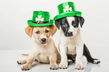 Dog wearing green St. Patrick's Day headband and bowtie. Generative AI