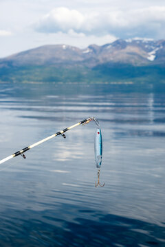 Fish bait dangling over water