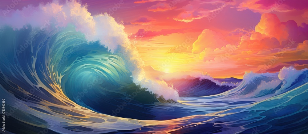 Poster a large wave with white foam is crashing in the ocean, creating a dramatic scene. the wave is toweri