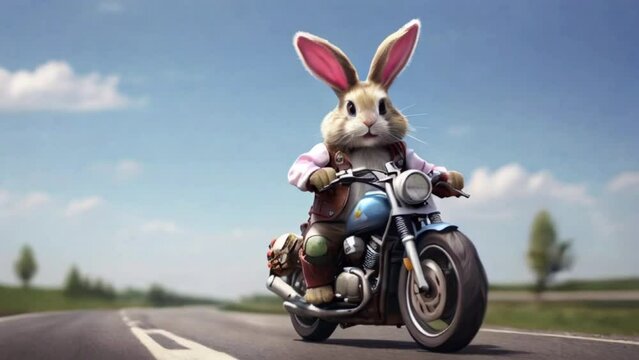  Easter bunny on a motorcycle riding along the road created with generative ai.