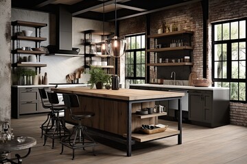Rustic Revelry: Industrial-Chic Kitchen Inspo with Distressed Wood & Iron Accents - obrazy, fototapety, plakaty