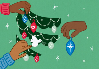 Three hands decorate Christmas tree 