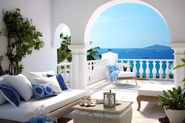 Classic Mediterranean Seafront Balcony with White Stucco Walls