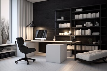 Modern Monochrome Workspace: Minimalist Home Office Design with Sleek Lighting