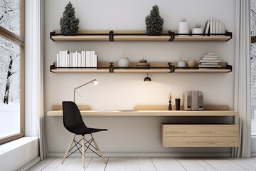 Minimalist Monochrome Wall-mounted Shelves: Sleek Home Office Concepts