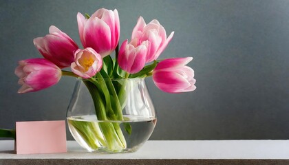 Vibrant Pink Tulips in Glass Vase on Gray Background