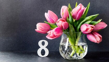 Elegant Pink Tulips in Glass Vase with Number 8 Decoration