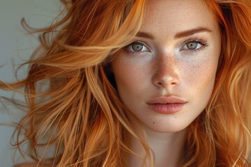 Naklejka premium Red-haired woman with a subtle smile and captivating green eyes looking at camera, reflecting confidence and charm