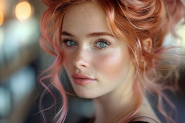 Fototapeta premium Dreamy close-up of a woman with soft pink hair and striking green eyes in a gentle, ethereal setting