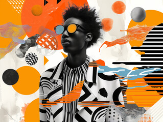 Abstract art portrait of stylish black young man with sunglasses: trendy african person blends into a vibrant abstract background with geometric shapes