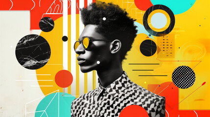 Stylish black man with geometric pop art background. Portrait of a fashionable african american man with vibrant pop art elements and bold colors for black history month