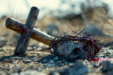 Passion of Jesus Christ - Bloody hammer and nails and crown of thorns. Generative AI