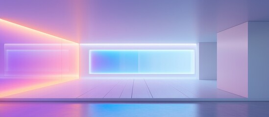 A modern white room is bathed in a gradient of blue and purple neon light. The rooms minimalist design allows the colors to shine and create a unique ambiance.