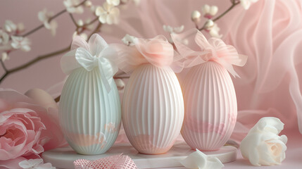 Obraz na płótnie Canvas Elegant easter eggs with pastel decor with bows on a pink backdrop, complemented by flowers