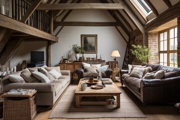 Fototapeta premium Leather Sofas and Vintage Accents: Rustic Barn Conversion Living Room Decor