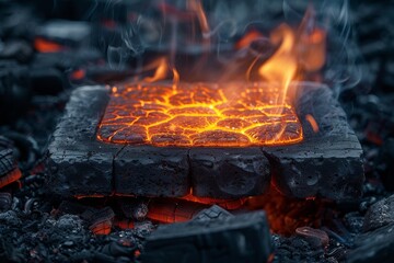 The juxtaposition of fiery steel against a cool industrial backdrop highlights the smelting process
