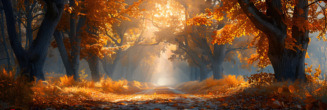 sunset in the forest 3d image,
Autumnal Avenue with Golden Trees and Leaf-cover