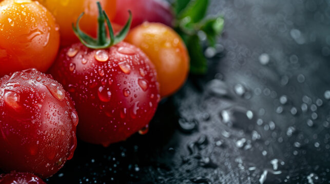 Fresh organic tomatos banner with water drops isolated on black background with copy space