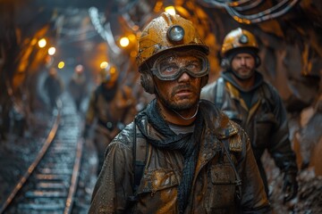 Obraz premium Miner with protective glasses and helmet in a mine shaft, signifying the precautions taken in hazardous work environments