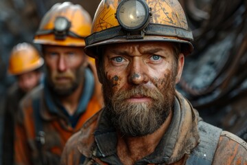 Fototapeta premium Miner with blue eyes gives a stern look, reflecting the serious nature of the mining profession