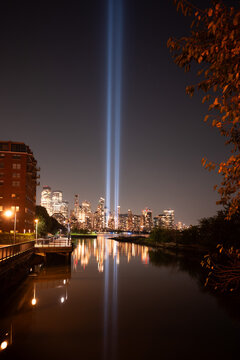 9/11 Tribute In Light - reflecting in the water, light memorial 