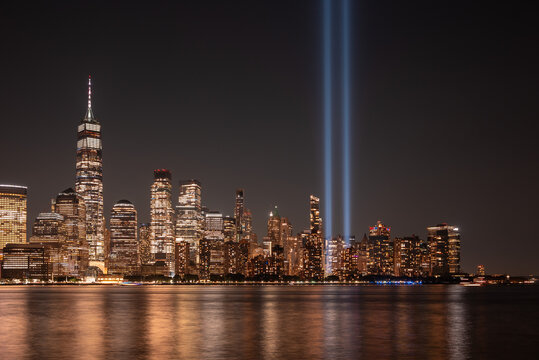 9/11 Tribute In Light - Manhattan skyline with freedom tower