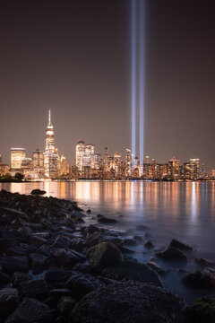 9/11 Tribute In Light, Manhattan skyline at night